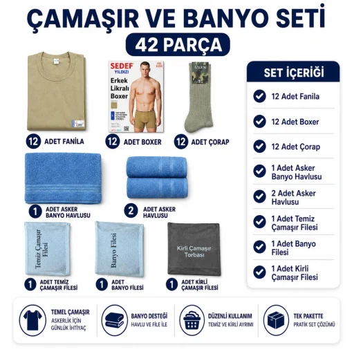 Asker Çamaşır + Banyo Seti 13'lü — 2 Haftalık Komple