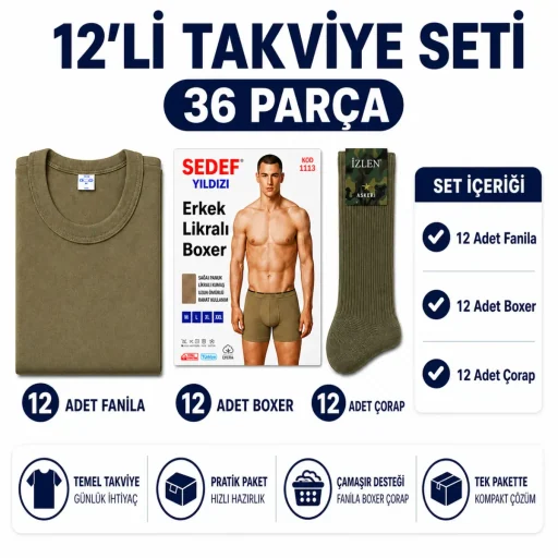 Asker Çamaşır Seti 13'lü — 2 Haftada 1 Yıkama