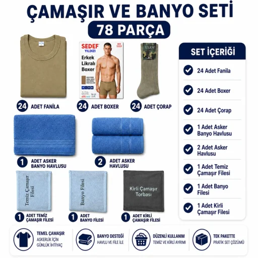 Bedelli Asker Çamaşır + Banyo Seti 27'li — Yıkamasız