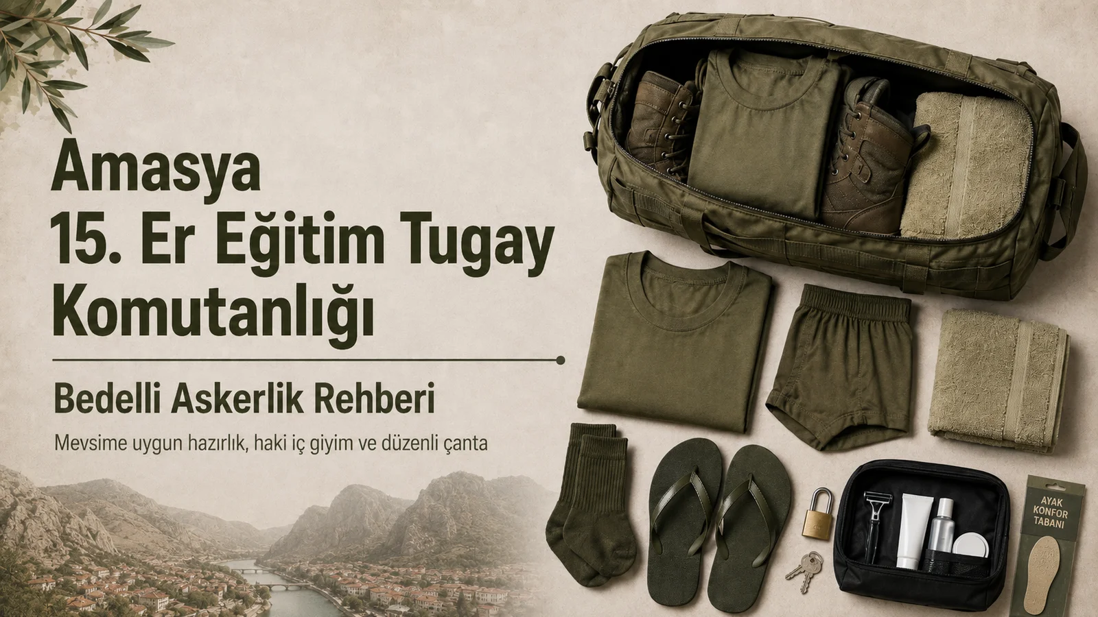 Amasya bedelli askerlik rehberi için haki ve yeşil tonlu asker iç giyimi, çanta ve temel hazırlık malzemeleri