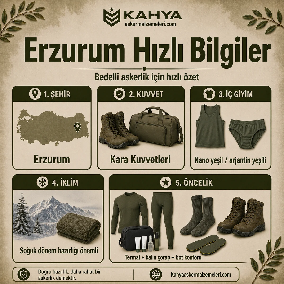 Erzurum bedelli askerlik hızlı bilgiler; kuvvet, iç giyim rengi, iklim ve hazırlık öncelikleri