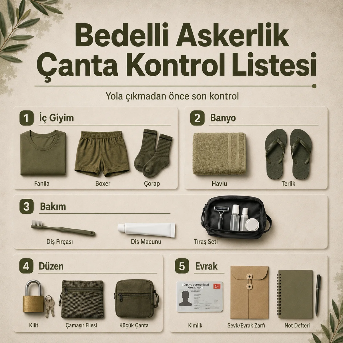 Bedelli askerlikte yola çıkmadan önce iç giyim, banyo, bakım, düzen ve evrak kontrol listesi
